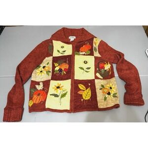 Tiara International M Zip Cardigan Sweater Fall Pumpkin Patchwork Leaves Vintage